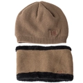Detailed close-up of brown knit beanie and neck warmer with thermal fleece lining - One Size Fleece Lined / Khaki Set