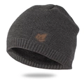 Detail of grey winter beanie showing brown maple leaf patch and warm fleece lining - One Size Fleece Lined / Gray