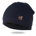 Detail of dark blue knit hat showing thick black fleece lining and maple leaf patch - One Size Fleece Lined / Navy Blue