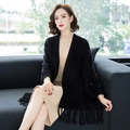Women's black knit shawl cardigan with fringe trim and sleeves in faux mink velvet - Black