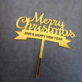 Detail of golden acrylic Merry Christmas and Happy New Year mirror cake topper - Style 275 / Mirror Gold