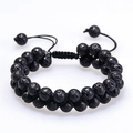 Double-layer black volcanic lava stone beaded bracelet with adjustable braided rope - Lava Stone Style (Style 5)