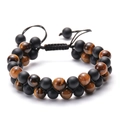 Adjustable double-row tiger eye and matte black stone beaded bracelet with woven cord - Tiger Eye Matte Black Stone (Style 7)