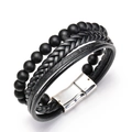 Bracelet multicouche en cuir pour hommes avec perles noires et fermoir magnétique argent - Bracelet en Pierre Mate