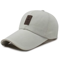 Light gray cotton-linen baseball cap featuring a premium brown leather EDIKO sports patch - Adjustable / Light Beige