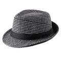 Klassischer britischer Fedora-Hut aus Wolle mit grauem Karo und schwarzem Band für Herren - M(56-58cm) / Dunkelgrau