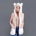 Drei-in-Eins Kunstpelz Schal-Kapuzen-Kombi mit Ohren und Taschen in Beige mit Braun - Beiger Leopard