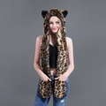 Three-in-one leopard print faux fur hooded scarf with integrated mittens and earflaps - Leopard Print