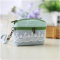 Green checkered fabric coin purse with white lace embroidery and small wrist strap - Green Porcelain Pattern Coin Purse