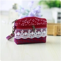 Red plaid fabric coin purse with floral accents and lace detail on wooden background - Red Porcelain Pattern Coin Purse