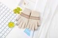 Detalle de guantes de punto beige con patrón geométrico marrón y puntas táctiles - Beige