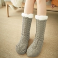 Gray cable knit slipper socks with white fleece trim for winter home comfort - One Size / Cable Knit Light Coffee