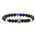 Pulsera de corona elástica con cuentas negras mates y corona de circonitas azules - Dorado