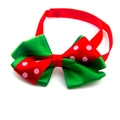 Detail of red and green polyester ribbon pet bowtie with adjustable strap and pink dots - Red Green Patchwork Pink Polka Dot Bowtie (VN005)