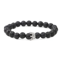 Detail of porous black lava stone beads and silver crown charm with sparkling zircons - Lava Stone Silver Crown