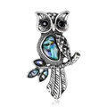 Broche de búho vintage con incrustación de nácar de abulón y ojos de gemas negras - Búho de Plata Vintage (B055-A)