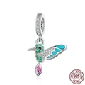 Authentic S925 sterling silver hummingbird charm with blue enamel and green zircon stones - Green Pink Hummingbird (SCC991)