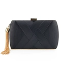 Elegant black satin clutch evening bag with golden fringe tassel and V-pattern texture - Black