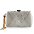 Silver satin pleated clutch bag with gold metal frame and elegant long hanging tassel - Silver
