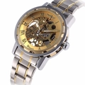 Winner skeleton mechanical watch with gold precision movement and two-tone steel band - Silver Gold