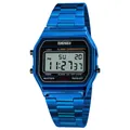 Men's electric blue digital watch with stainless steel strap and octagonal case - Blue