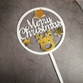 Close-up of white Merry Christmas acrylic cake topper with golden reindeer and stars - Style 258 / Solid White
