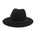 Detailed close-up of a black wool fedora featuring a brown leather band and metallic buckle - Black