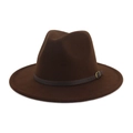 Classic dark brown felt fedora hat with a thin coffee leather belt and metal buckle - Coffee