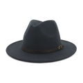 Close-up of charcoal grey wool fedora hat featuring a brown faux leather belt with metal buckle - Dark Gray