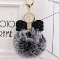 Detail of grey faux fur pompom keychain with polka dot bow and crystal center - Two-tone Black