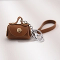 Mini brown PU leather coin purse keychain with gold snap and matching wrist strap - Khaki