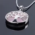 Silver tree of life pendant necklace featuring natural rose quartz gemstone and bead chain - Rose Quartz With Chain