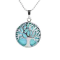 Silver Tree of Life necklace with round turquoise stone pendant on a beaded metal chain - Turquoise With Chain