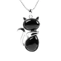 Cute black agate cat pendant necklace with silver tone frame and dainty bead chain - Black Agate