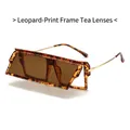 Modieuze oversized trapezium zonnebril met luipaard schildpadmontuur en bruine glazen - Luipaard Frame / Theekleurige Lenzen