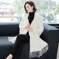 White knitted shawl with sleeves and long fringes in warm faux mink cashmere - White