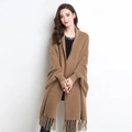Women's camel knit shawl cardigan with sleeves and tassel hem for autumn and winter - Khaki
