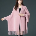 Pink faux mink fur cape shawl with sleeves and tassel fringe for women's autumn style - Pink