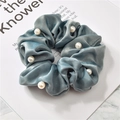 Elegant dark blue satin scrunchie with white pearl beads decoration for hair styling - Pearl Satin Green