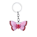 Pink enamel butterfly keychain with red rhinestones on a silver metal link and ring - Pink