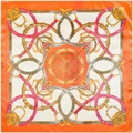 Square silk scarf with orange border and horse bridle crown patterns in beige center - Orange