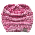 Detail of pink and white knitted ponytail beanie showing soft yarn texture and top hole - Rose Madder Mixed