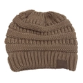 Detail of chunky knit khaki ponytail beanie showing thick weave texture and top opening - Khaki