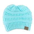 Detailed view of light blue thick-knit beanie texture with a faux leather patch detail - Light Blue