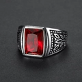 Vintage stainless steel ring for men featuring a large red gemstone and leaf texture - US Size 8 / Red Stone