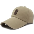 Classic khaki baseball cap for men featuring a brown leather patch and structured cotton - Adjustable / Deep Beige