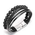 Bracelet multicouche en cuir noir pour homme avec perles de lave et fermoir magnétique argent - Bracelet Pierre de Lave