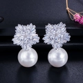 Elegant silver snowflake earrings with cubic zirconia and round white pearl drops - White Style (E0106-2)