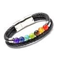 Doppellagiges schwarzes Lederarmband mit sieben Chakra-Perlen und silbernem Magnetverschluss - 7 Chakra Steine