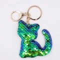 Cute sequined cat keychain for women featuring reversible green and blue glitter sequins - Cat-Greenish Colorful
